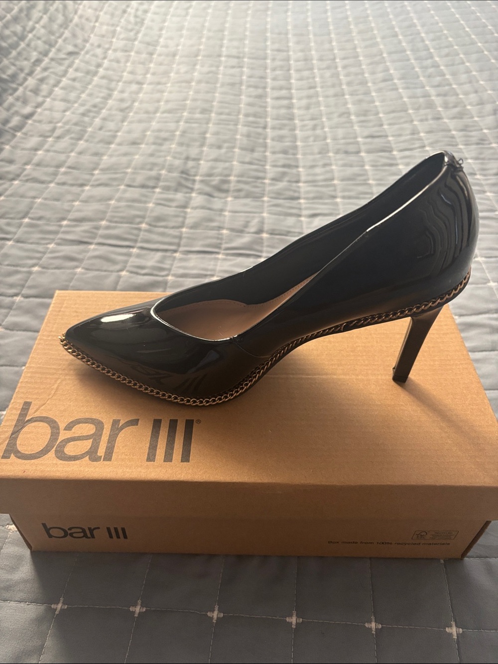 Bar III Black Patent Pointed-Toe Pump with Chain Trim
